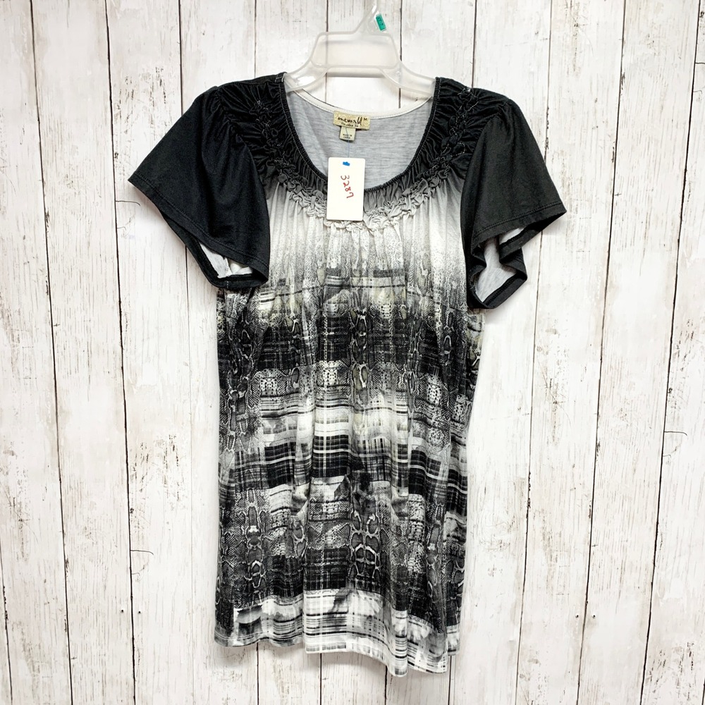 One World Mixed Print Smocked Neck Womens Size M Black White Plaid Snakeskin Top